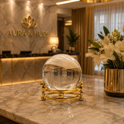 Crystal Clarity Ball with Golden Stand, Premium Crystal Glass Sphere Decorative Showpiece