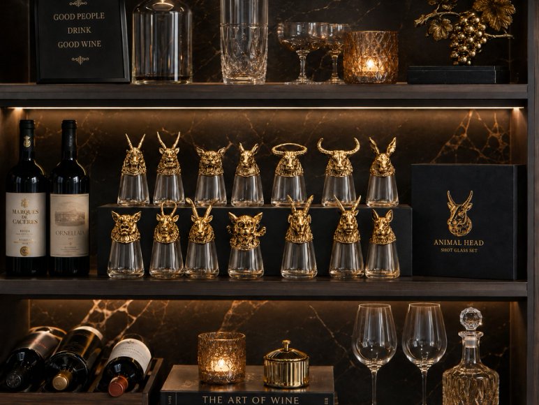 Luxury Animal Head Shot Glass Set with Black Gift Box, Premium  Golden Finish Barware
