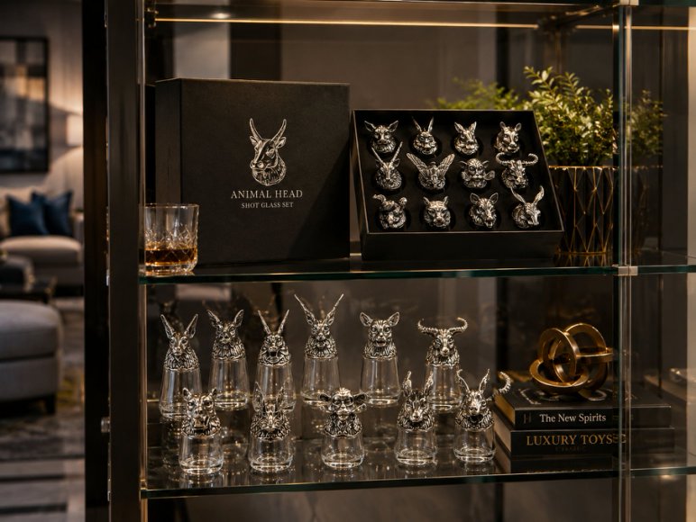 Luxury Animal Head Shot Glass Set with Black Gift Box, Premium Silver Finish Barware
