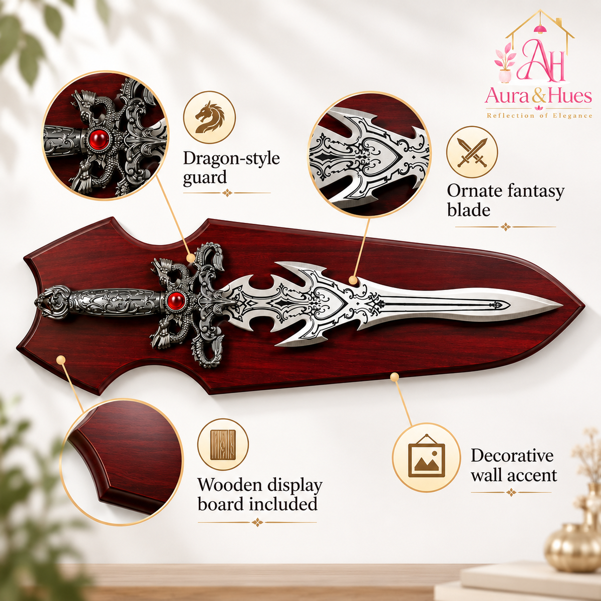 Swords - Fantasy Dragon Guard Red Diamond Sword with Wall Hanging Board