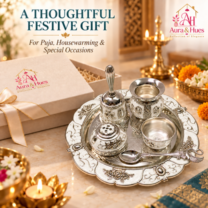 Aura & Hues Handcrafted Small Decorative Pooja Thali Gift Box Set with 5 Festive Accessories - Pristine White Pearl Enamel Finish (20.5 x 20.5 cm)