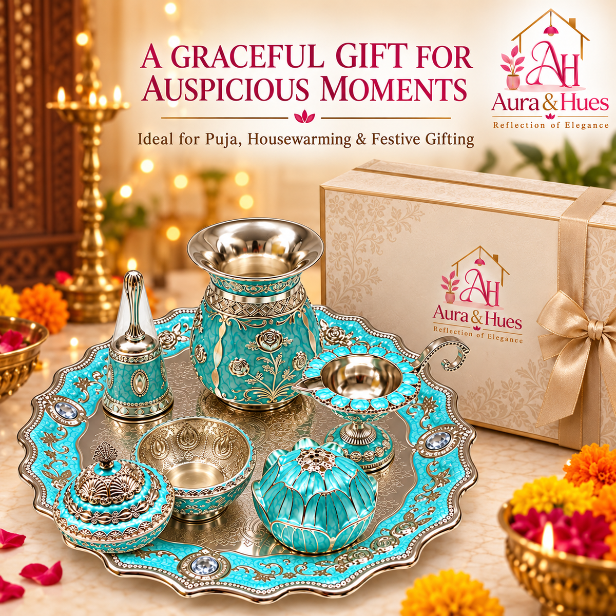 Aura & Hues Premium Royal Decorative Big Pooja Thali Set with 6 Essential Ritual Items - Light Blue Artisan Painted Centerpiece (30 x 30 cm)
