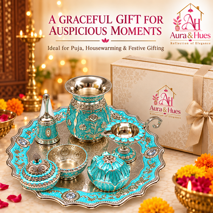 Aura & Hues Premium Royal Decorative Big Pooja Thali Set with 6 Essential Ritual Items - Light Blue Artisan Painted Centerpiece (30 x 30 cm)