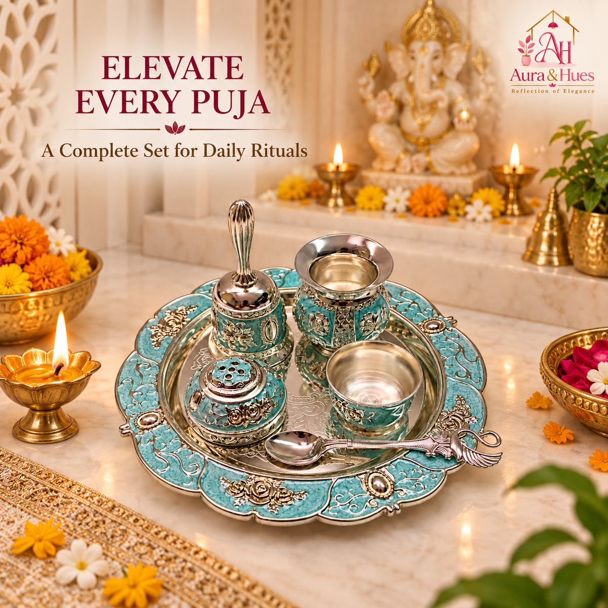 Aura & Hues Handcrafted Small Decorative Pooja Thali Gift Box Set with 5 Festive Accessories - Elegant Light Blue Enamel Finish (20.5 x 20.5 cm)