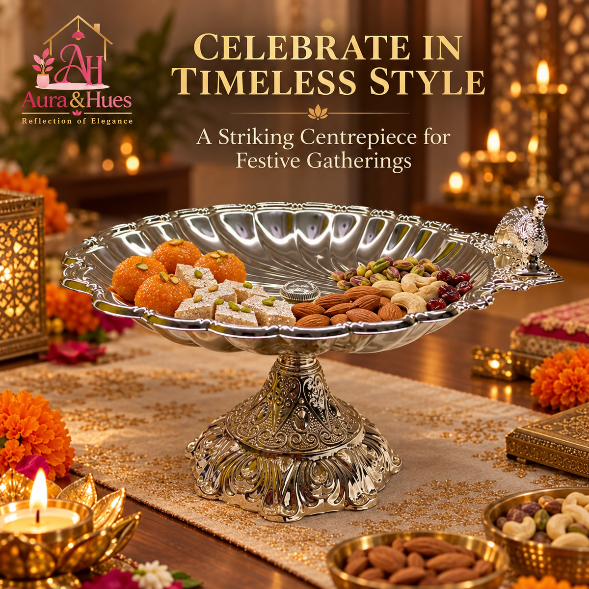 Aura & Hues Royal Large Footed Round Serving Platter and Cake Stand with Embossed Peacock Motif, Nut Bolt Fitting & Diamond Studs (Silver, 33.5 cm)