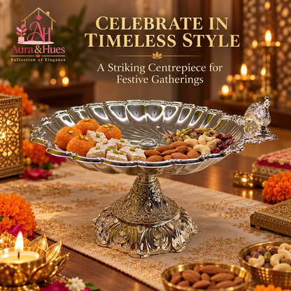 Aura & Hues Royal Large Footed Round Serving Platter and Cake Stand with Embossed Peacock Motif, Nut Bolt Fitting & Diamond Studs (Silver, 33.5 cm)