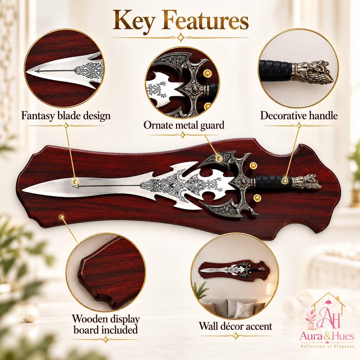 Swords - Fantasy Antique Head Sword with Wall Hanging Board