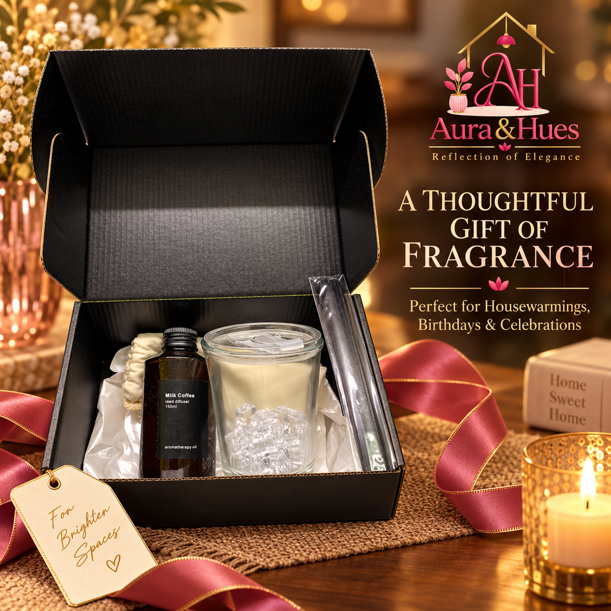 Aura & Hues Luxury Milk Coffee Aromatherapy Reed Diffuser Home Fragrance Gift Set with Natural Rattan Reeds and Black Glass Vessel (21.7 cm)