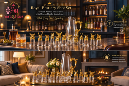 Aura & Hues Royal Golden Animal Head Shot Glasses Set of 6 with Decanter Jug and Serving Caddy for Luxury Barware Gifting