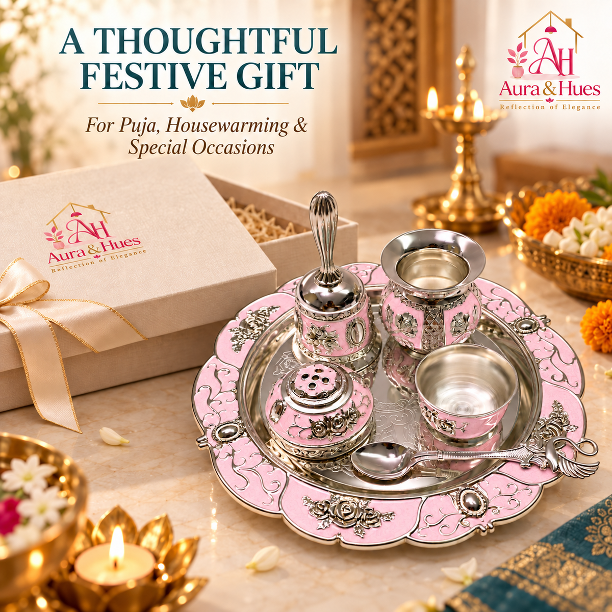 Aura & Hues Handcrafted Small Decorative Pooja Thali Gift Box Set with 5 Festive Accessories - Elegant Light Pink Enamel Finish (20.5 x 20.5 cm)