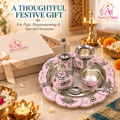 Aura & Hues Handcrafted Small Decorative Pooja Thali Gift Box Set with 5 Festive Accessories - Elegant Light Pink Enamel Finish (20.5 x 20.5 cm)
