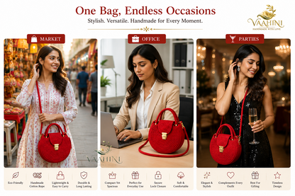 Vaahini Cotton Rope Round Sling Bag - Red - Gifting & Storage