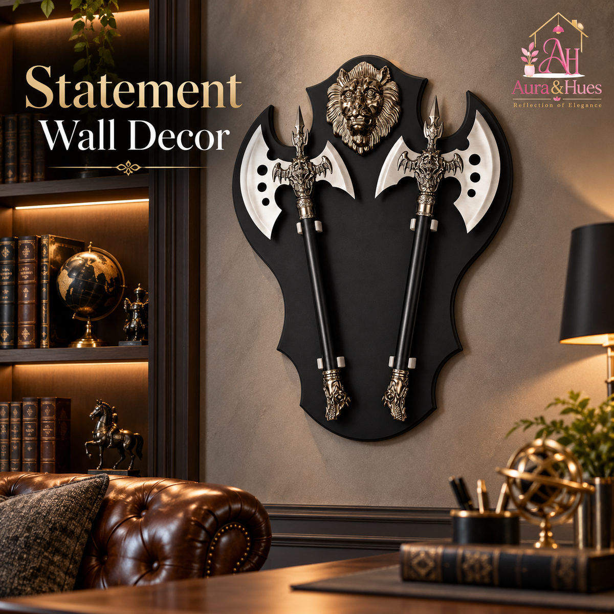 Axe Set of 2 with Lion Face Wall Hanging Board
