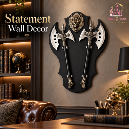 Axe Set of 2 with Lion Face Wall Hanging Board