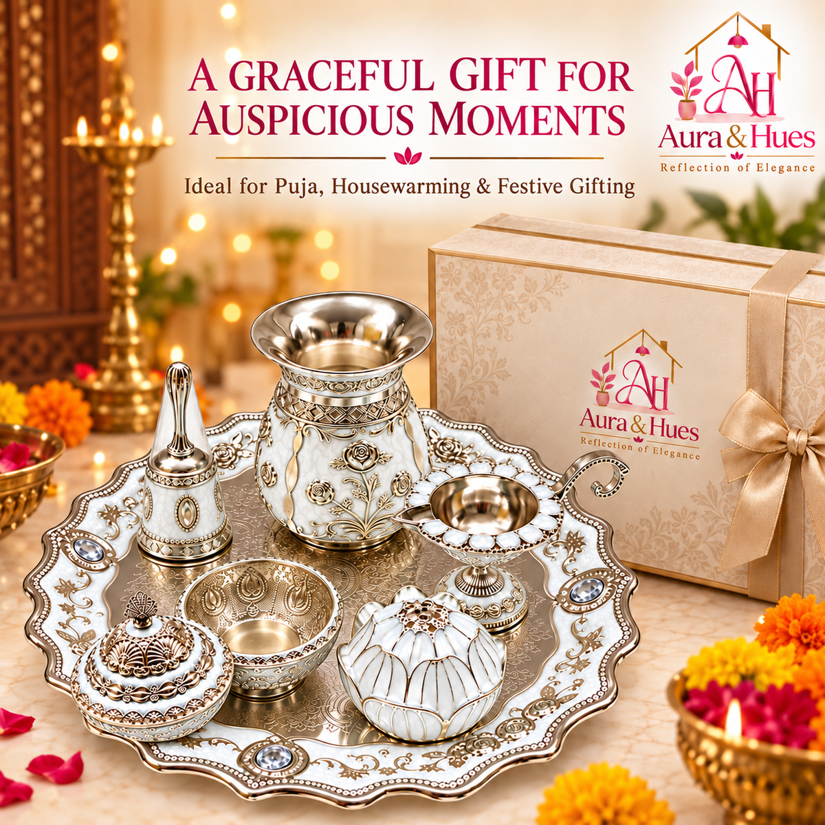 Aura & Hues Premium Royal Decorative Big Pooja Thali Set with 6 Essential Ritual Items - Elegant White Artisan Painted Centerpiece (30 x 30 cm)
