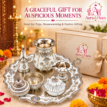 Aura & Hues Premium Royal Decorative Big Pooja Thali Set with 6 Essential Ritual Items - Elegant White Artisan Painted Centerpiece (30 x 30 cm)