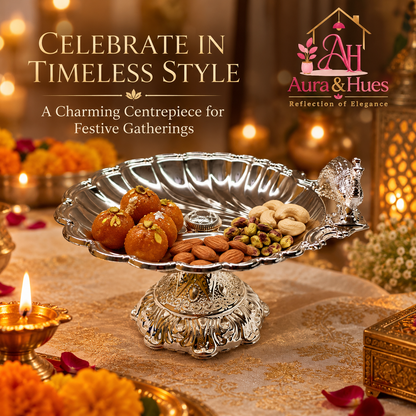 Aura & Hues Elegant Small Footed Round Serving Platter Pedestal Stand with Majestic Peacock Engraving & Nut Bolt Assembly (Silver, 22.5 cm)