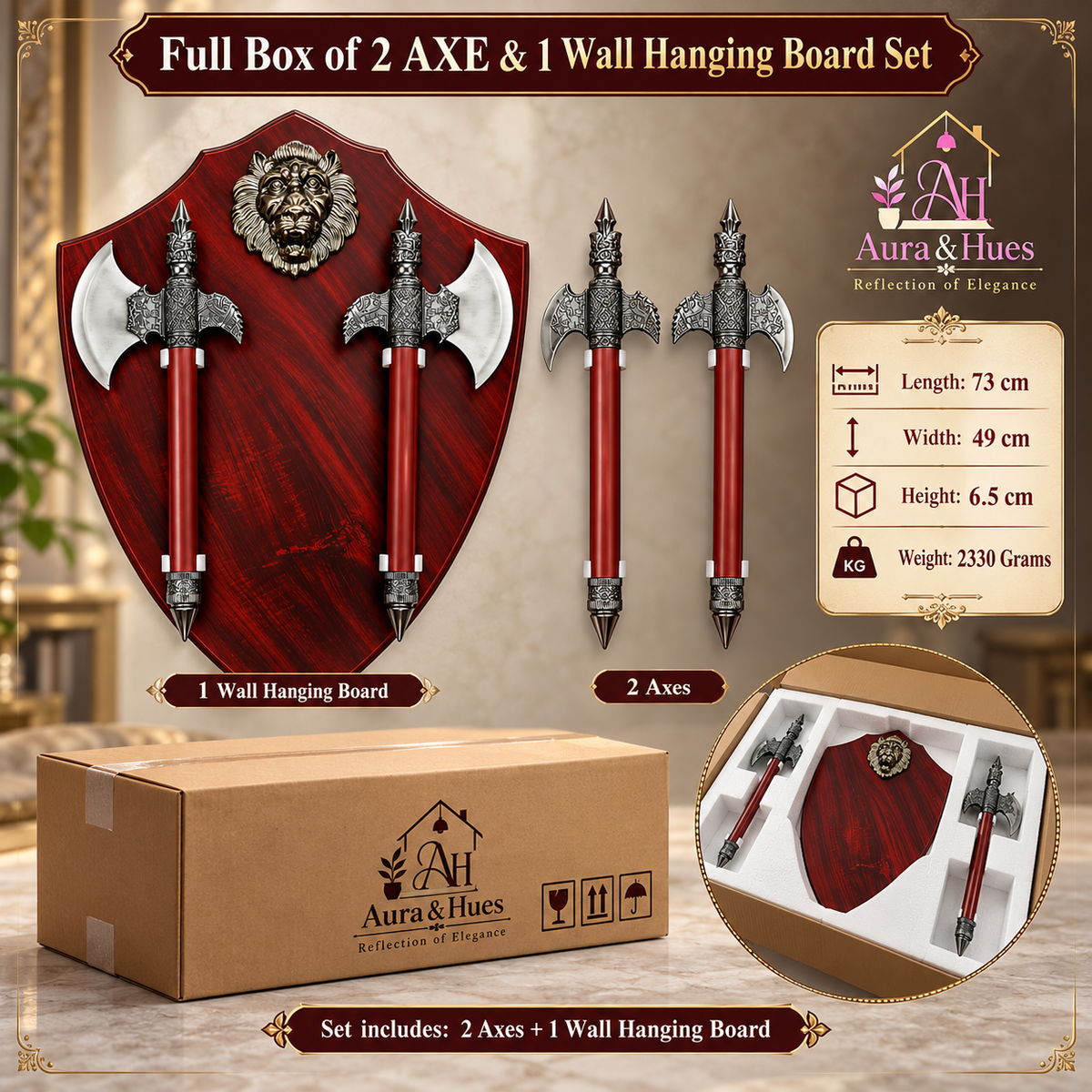 Axe Set of 2 with Lion Face Wall Hanging Board