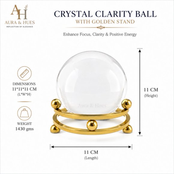 Crystal Clarity Ball with Golden Stand, Premium Crystal Glass Sphere Decorative Showpiece