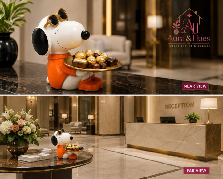 Cute Snoopy Inspired Dog Figurine Showpiece with Metal Tray