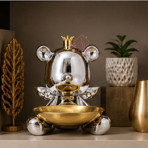 Royal Bear Silver Decorative Statue with Multipurpose Golden Tray