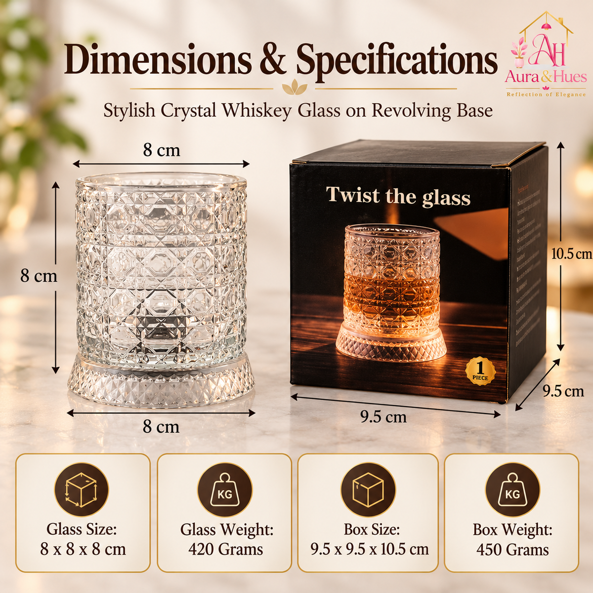 Aura & Hues Luxury Twist Whiskey Glass with Embossed Stars Pattern Single Cocktail and Rocks Tumbler for Home Bar and Gifting