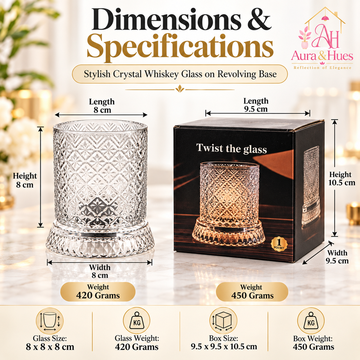 Aura & Hues Luxury Twist Whiskey Glass with Embossed Stars Pattern Single Cocktail and Rocks Tumbler for Home Bar and Gifting