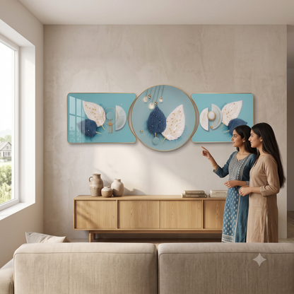 Aura & Hues 3-Piece Dual Feather Crystal Glass Wall Painting Set - 48x16 Inches