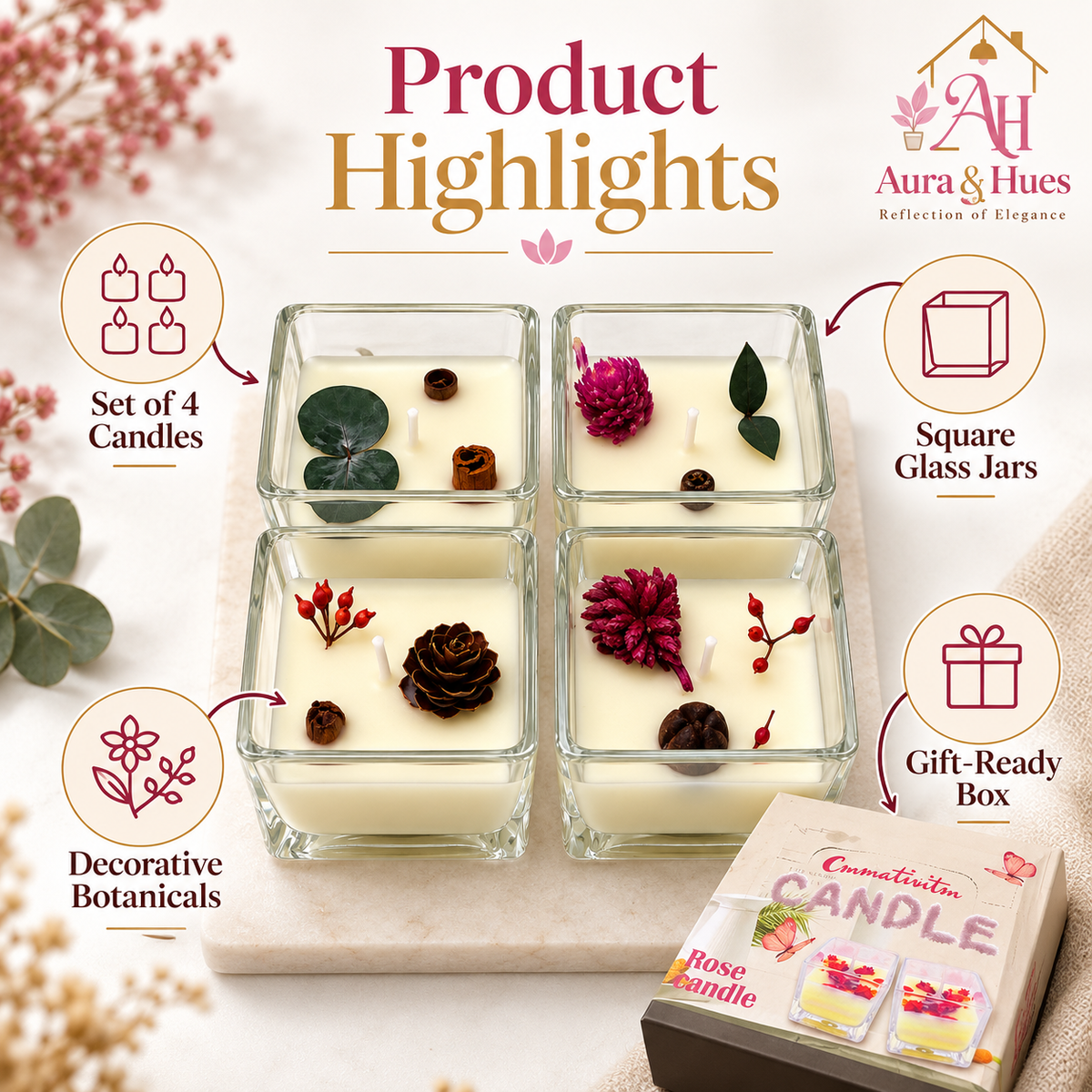 Candles Square Shaped in Glass 4 Pcs. Set