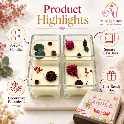 Candles Square Shaped in Glass 4 Pcs. Set