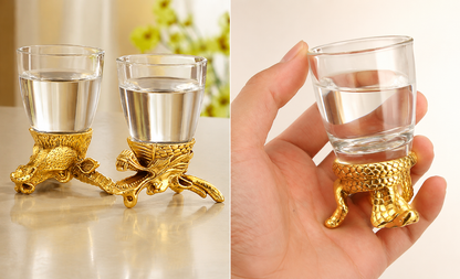 Aura & Hues Royal Golden Animal Head Shot Glasses Set of 6 with Decanter Jug and Serving Caddy for Luxury Barware Gifting