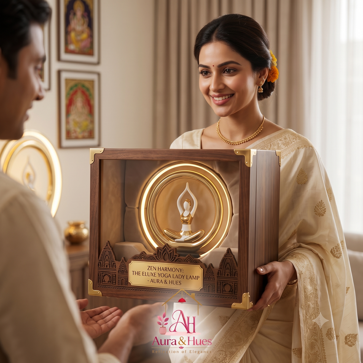 Aura & Hues 14-Inch Electroplated Yoga Pose Lady Sculpture in Metal Frame - Silver & Gold