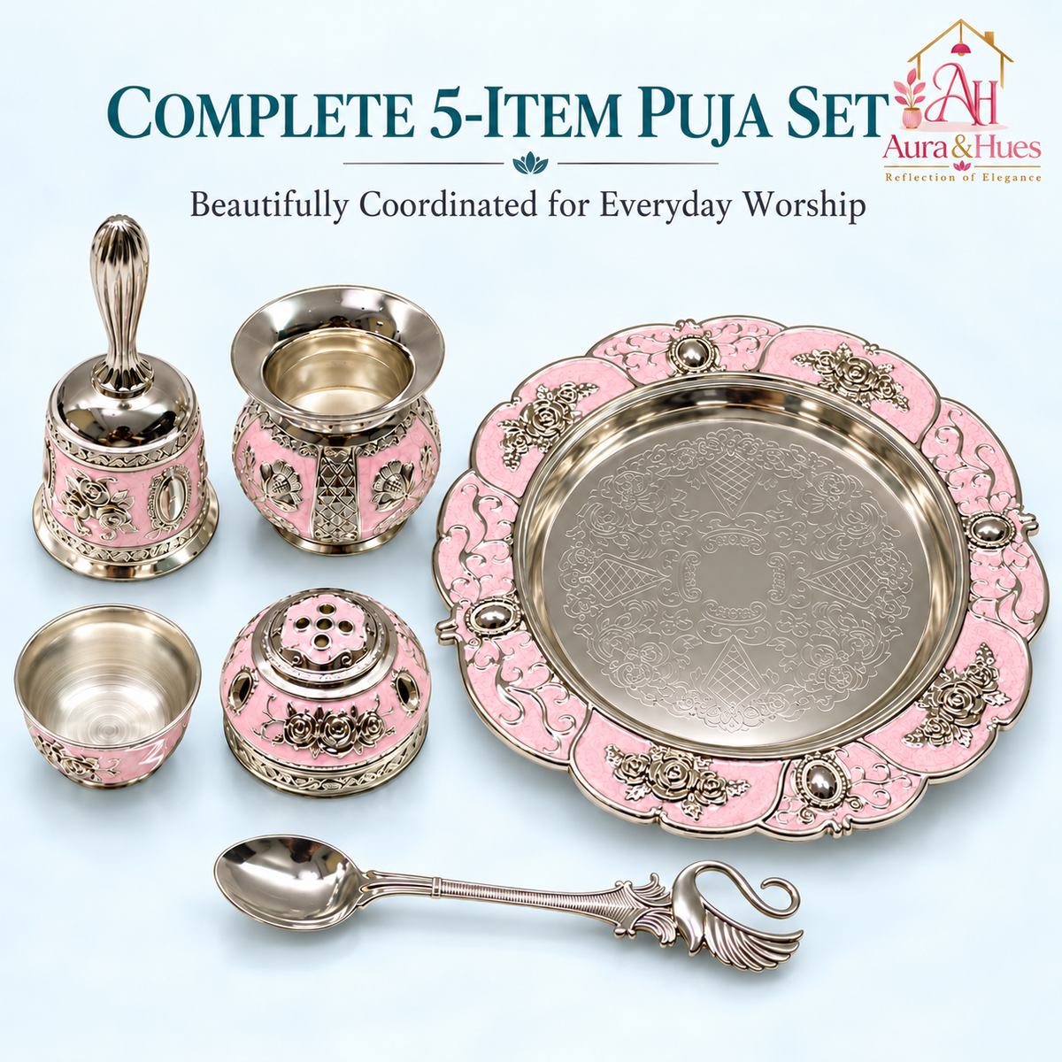 Aura & Hues Handcrafted Small Decorative Pooja Thali Gift Box Set with 5 Festive Accessories - Elegant Light Pink Enamel Finish (20.5 x 20.5 cm)