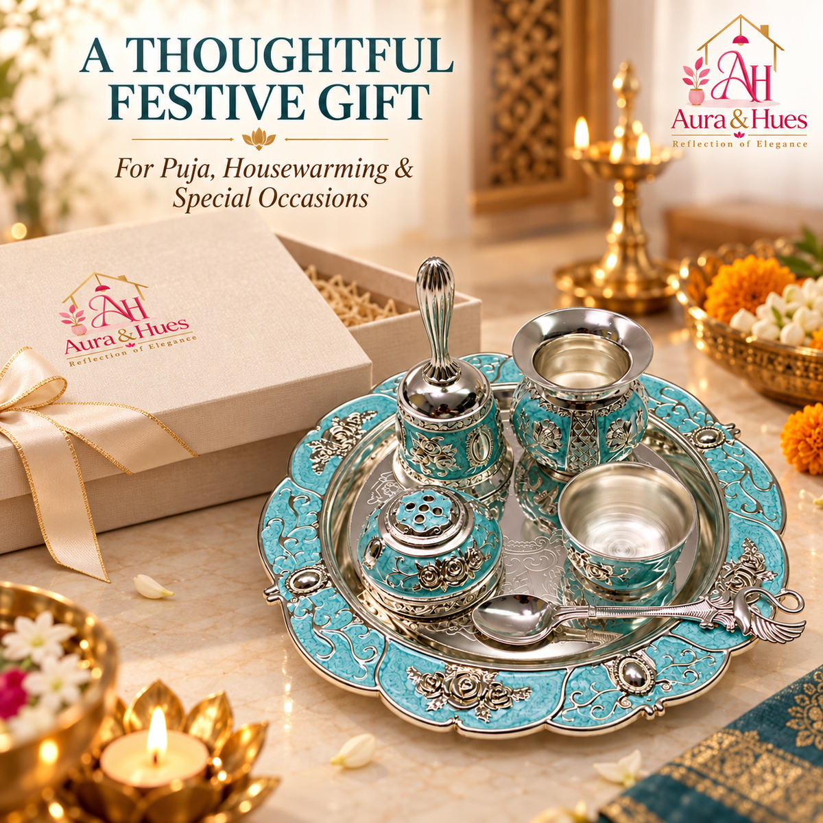 Aura & Hues Handcrafted Small Decorative Pooja Thali Gift Box Set with 5 Festive Accessories - Elegant Light Blue Enamel Finish (20.5 x 20.5 cm)
