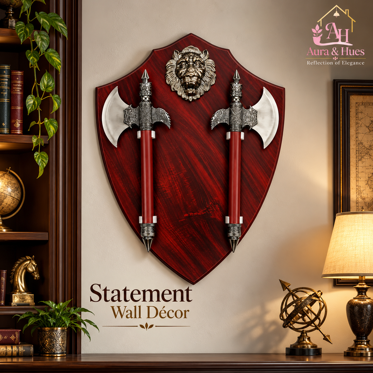Axe Set of 2 with Lion Face Wall Hanging Board
