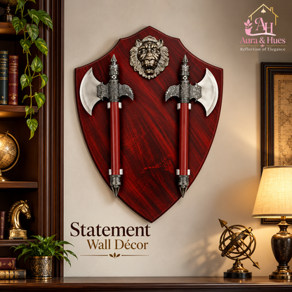 Axe Set of 2 with Lion Face Wall Hanging Board