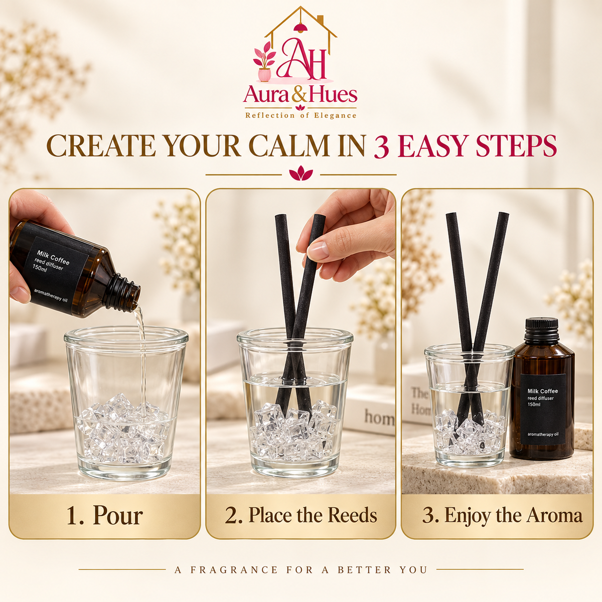 Aura & Hues Luxury Milk Coffee Aromatherapy Reed Diffuser Home Fragrance Gift Set with Natural Rattan Reeds and Black Glass Vessel (21.7 cm)
