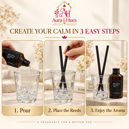 Aura & Hues Luxury Milk Coffee Aromatherapy Reed Diffuser Home Fragrance Gift Set with Natural Rattan Reeds and Black Glass Vessel (21.7 cm)