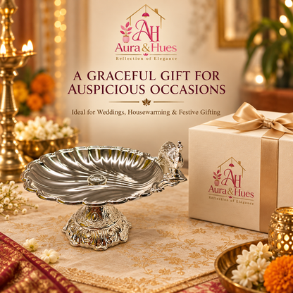 Aura & Hues Elegant Small Footed Round Serving Platter Pedestal Stand with Majestic Peacock Engraving & Nut Bolt Assembly (Silver, 22.5 cm)
