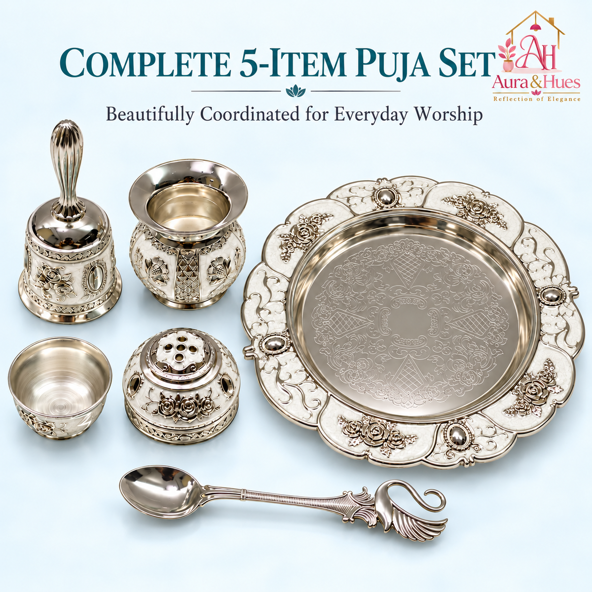 Aura & Hues Handcrafted Small Decorative Pooja Thali Gift Box Set with 5 Festive Accessories - Pristine White Pearl Enamel Finish (20.5 x 20.5 cm)
