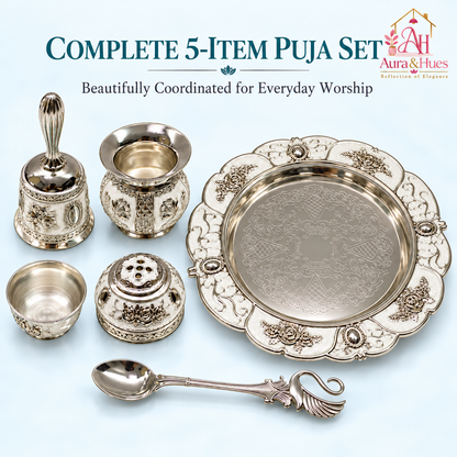 Aura & Hues Handcrafted Small Decorative Pooja Thali Gift Box Set with 5 Festive Accessories - Pristine White Pearl Enamel Finish (20.5 x 20.5 cm)