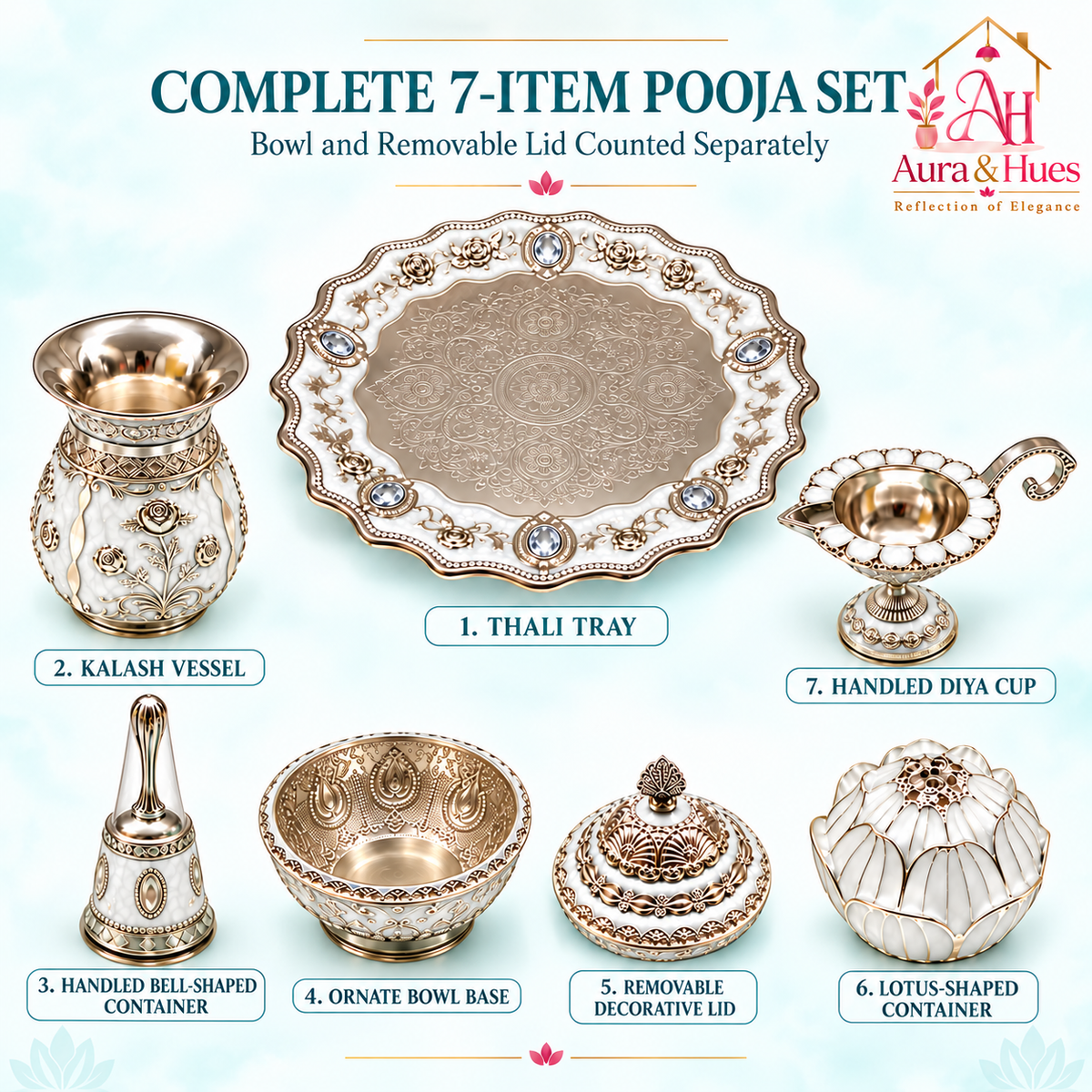 Aura & Hues Premium Royal Decorative Big Pooja Thali Set with 6 Essential Ritual Items - Elegant White Artisan Painted Centerpiece (30 x 30 cm)