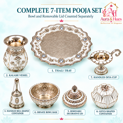 Aura & Hues Premium Royal Decorative Big Pooja Thali Set with 6 Essential Ritual Items - Elegant White Artisan Painted Centerpiece (30 x 30 cm)