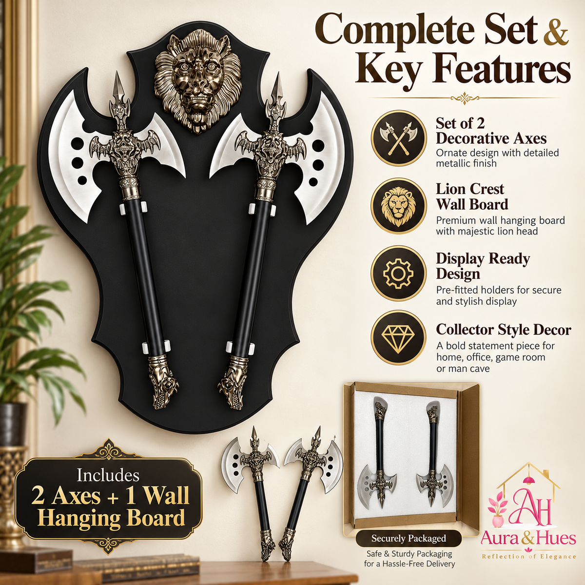 Axe Set of 2 with Lion Face Wall Hanging Board