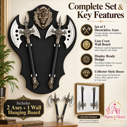Axe Set of 2 with Lion Face Wall Hanging Board