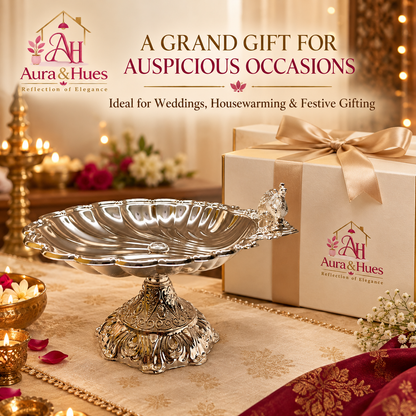 Aura & Hues Royal Large Footed Round Serving Platter and Cake Stand with Embossed Peacock Motif, Nut Bolt Fitting & Diamond Studs (Silver, 33.5 cm)