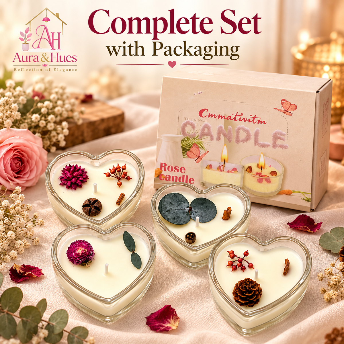 Candles Heart Shaped in Glass 4 Pcs. Set