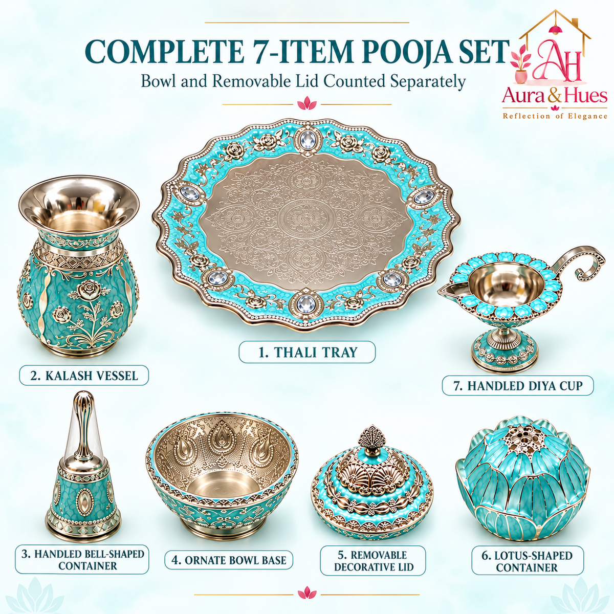 Aura & Hues Premium Royal Decorative Big Pooja Thali Set with 6 Essential Ritual Items - Light Blue Artisan Painted Centerpiece (30 x 30 cm)