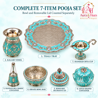 Aura & Hues Premium Royal Decorative Big Pooja Thali Set with 6 Essential Ritual Items - Light Blue Artisan Painted Centerpiece (30 x 30 cm)