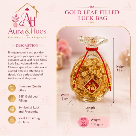 Premium Luxury Gold Leaf Filled Glass Luck/ Fortune Bag Showpiece with 24K Gold Leaf, Feng Shui Wealth Décor